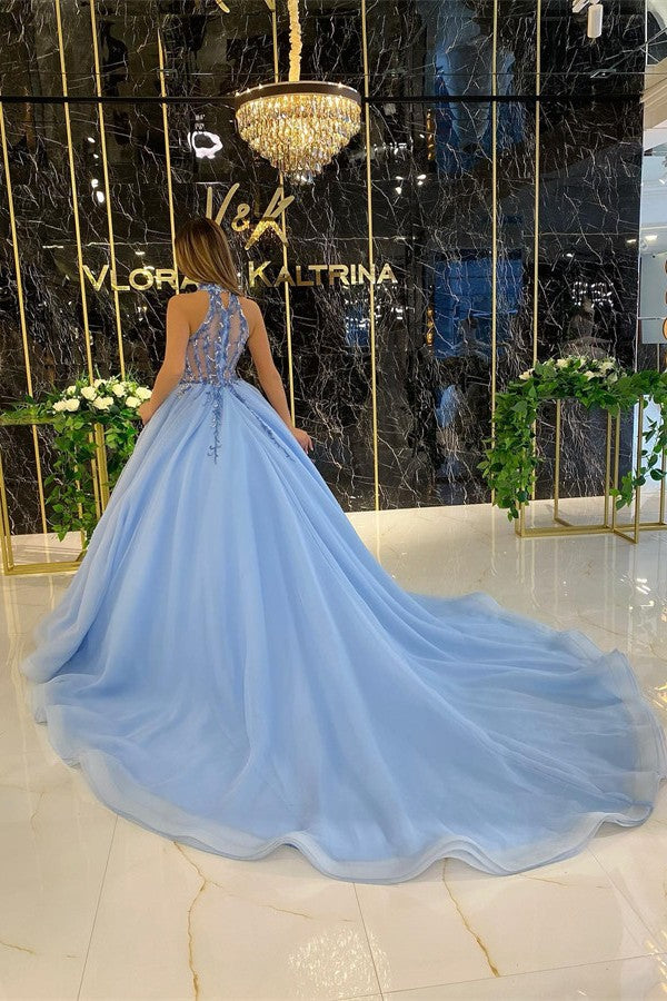 High Neck Sleeveless Blue Prom Dress Tulle Ball gown With Appliques