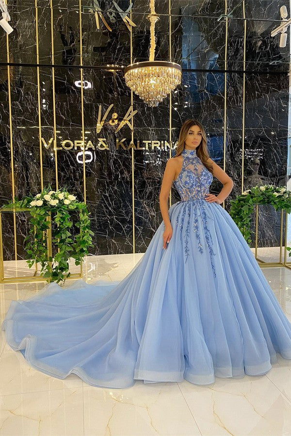 High Neck Sleeveless Blue Prom Dress Tulle Ball gown With Appliques