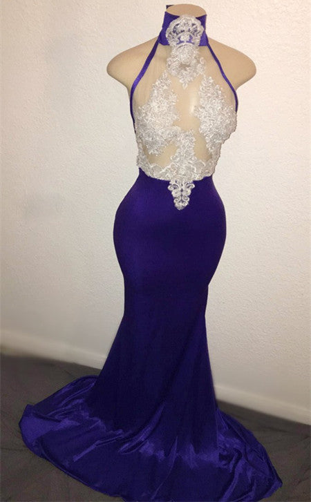 High Neck Sleeveless Prom Dress Mermaid Long With Lace Appliques