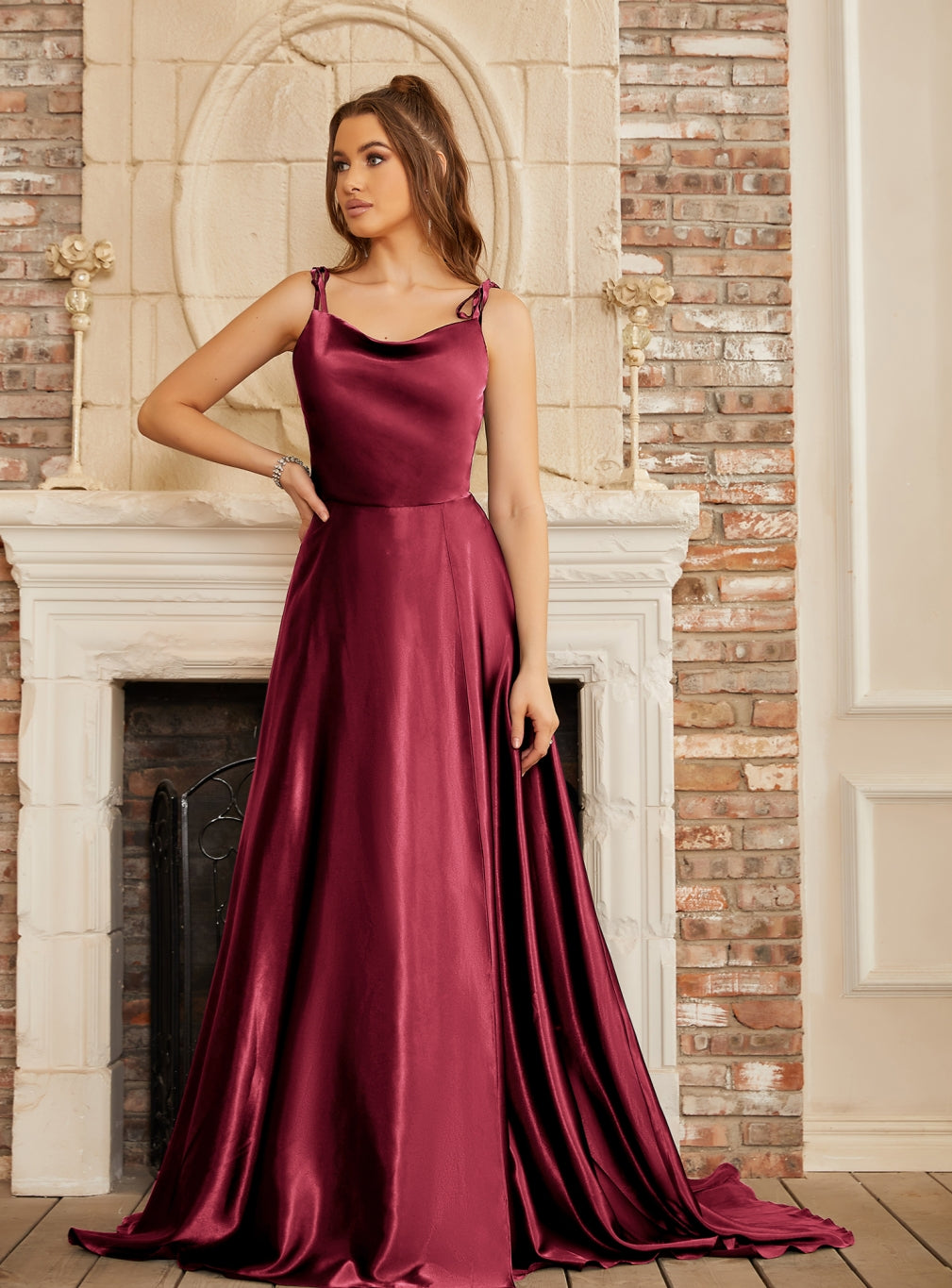 Elegant High Split Shiny Floor-Length Dresses with Spaghetti Straps