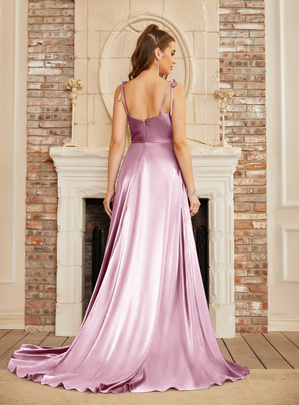 Elegant High Split Shiny Floor-Length Dresses with Spaghetti Straps