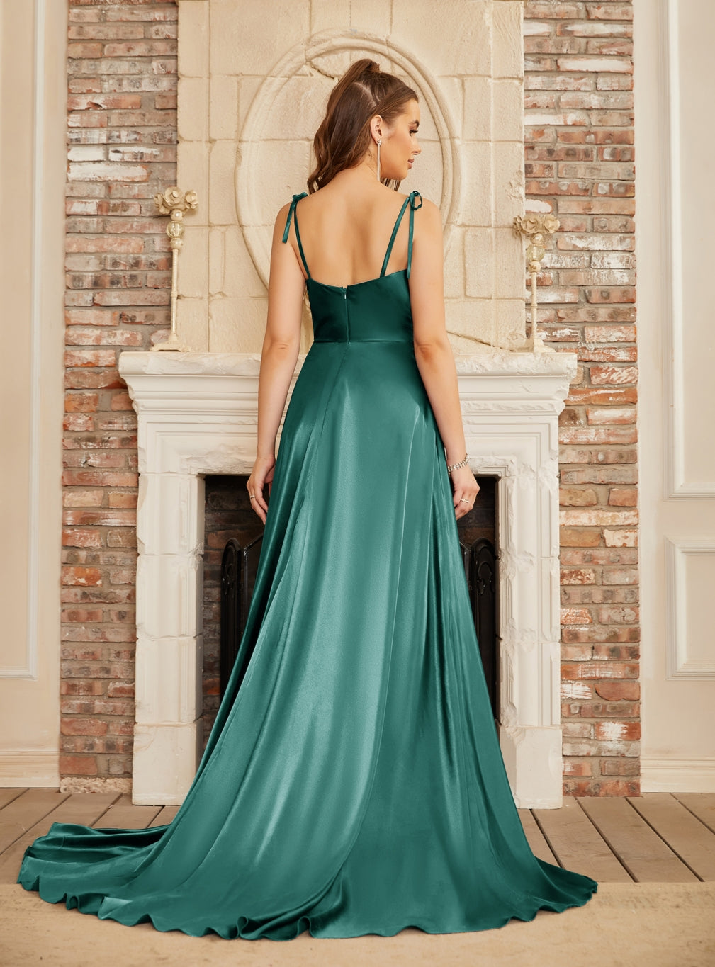 Elegant High Split Shiny Floor-Length Dresses with Spaghetti Straps