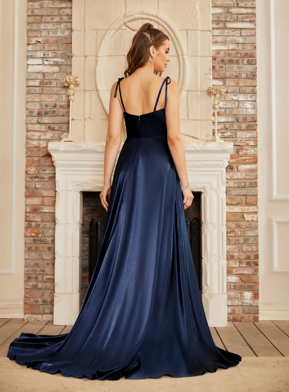 Elegant High Split Shiny Floor-Length Dresses with Spaghetti Straps