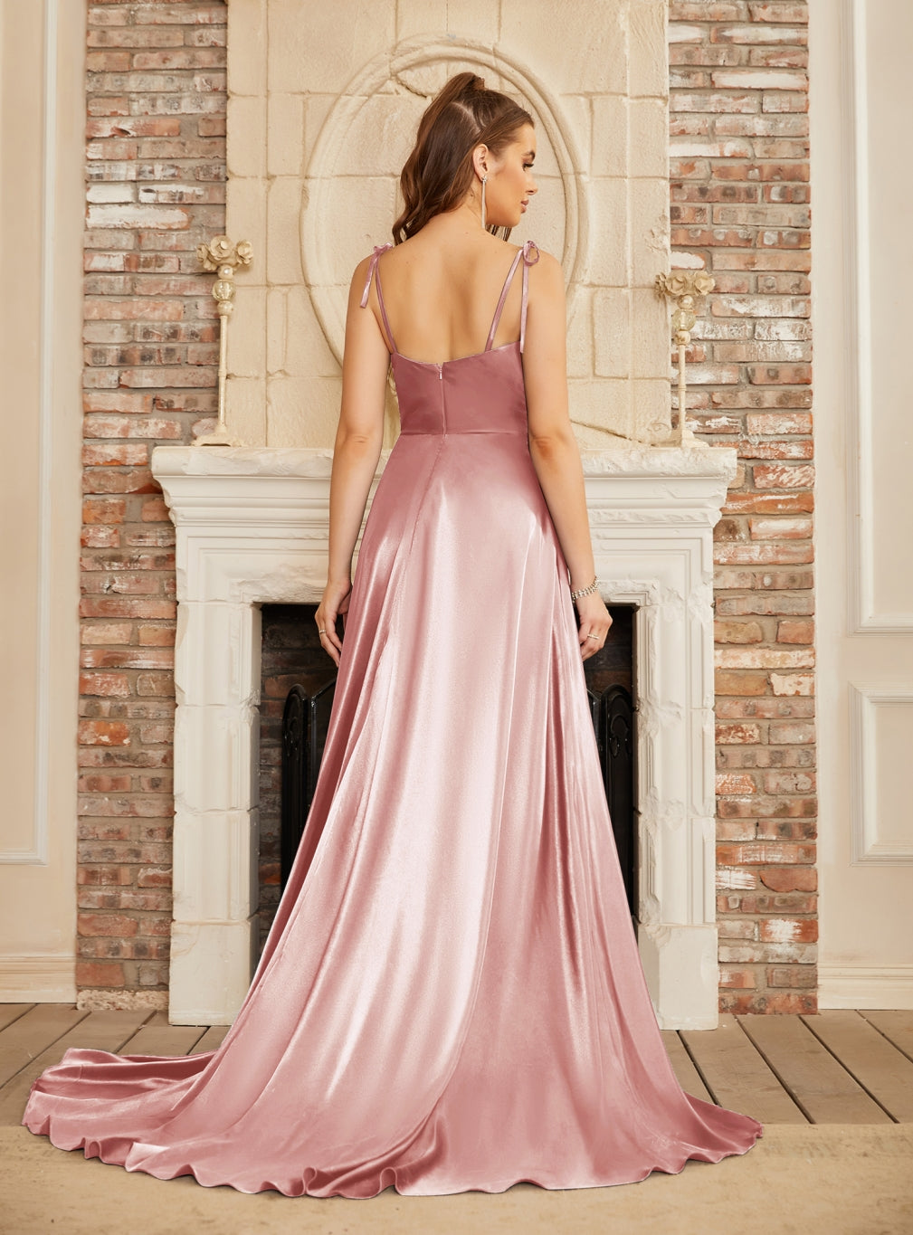 Elegant High Split Shiny Floor-Length Dresses with Spaghetti Straps