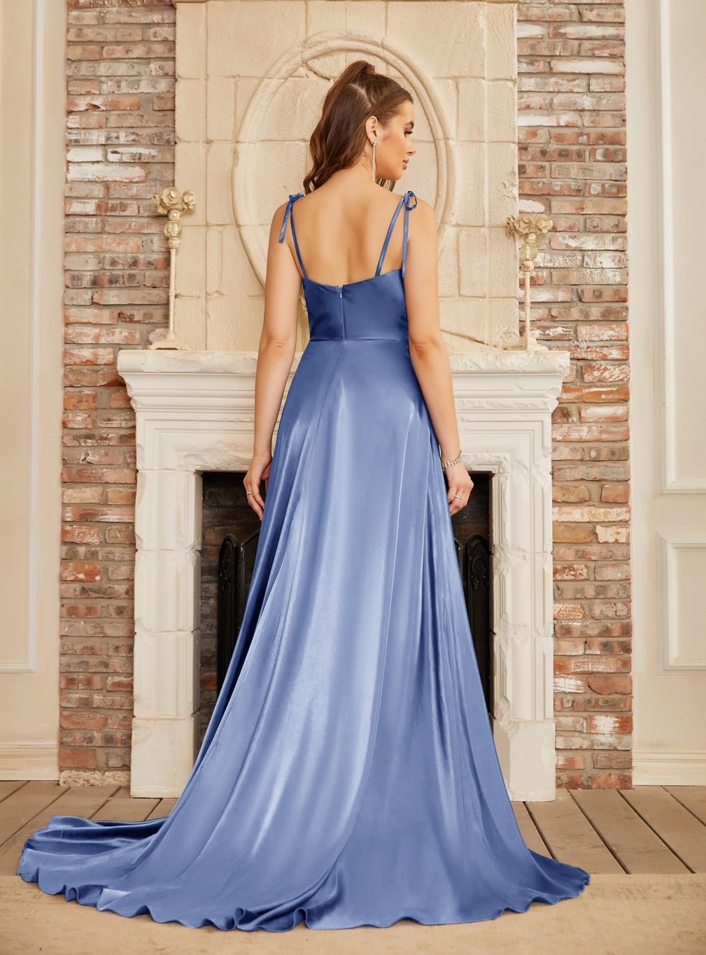 Elegant High Split Shiny Floor-Length Dresses with Spaghetti Straps