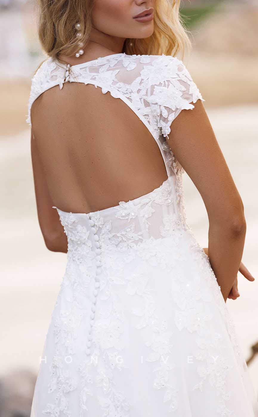 H1734 - V-Neck Short Sleeve A-Line Appliques Wedding Dress