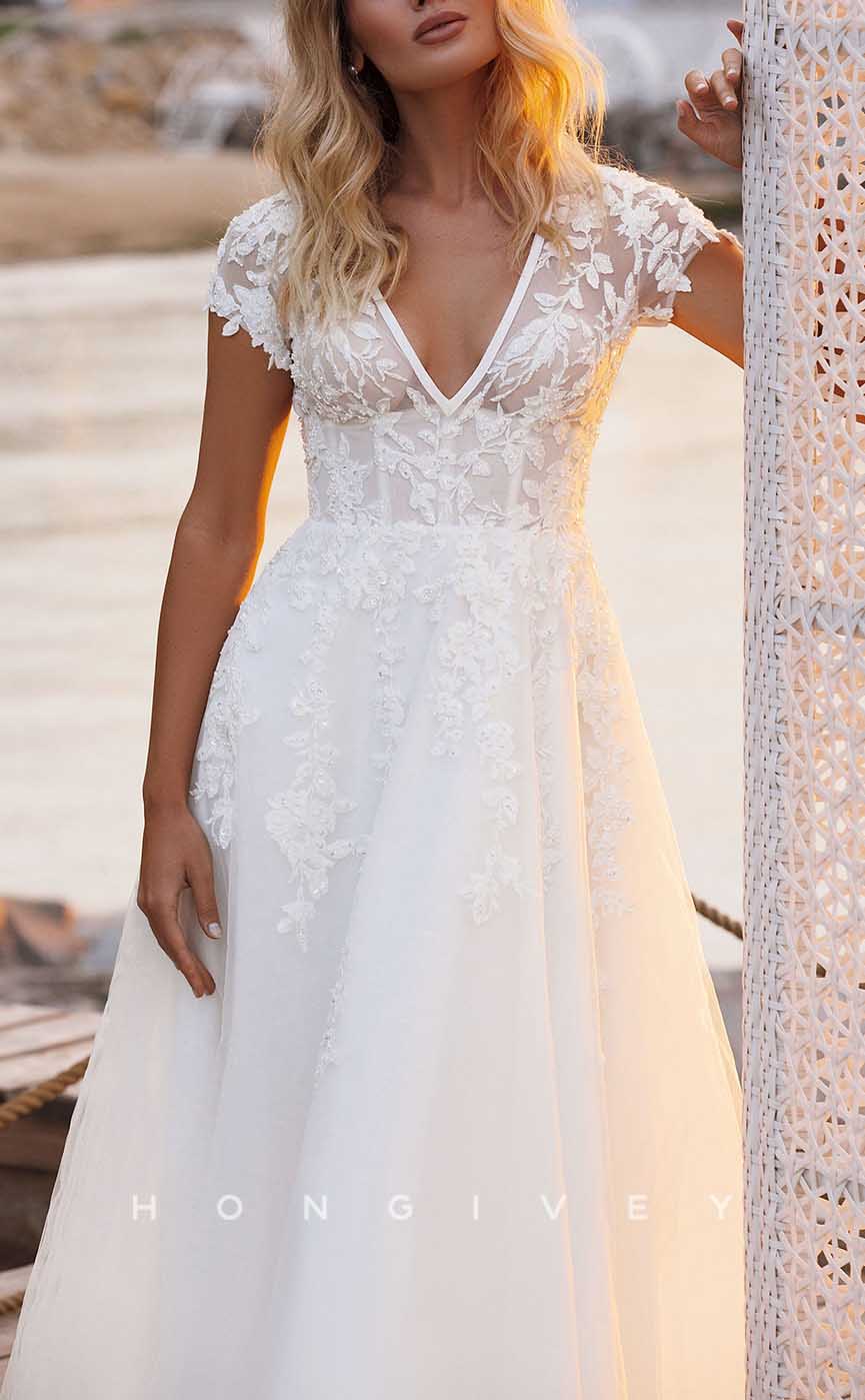 H1734 - V-Neck Short Sleeve A-Line Appliques Wedding Dress