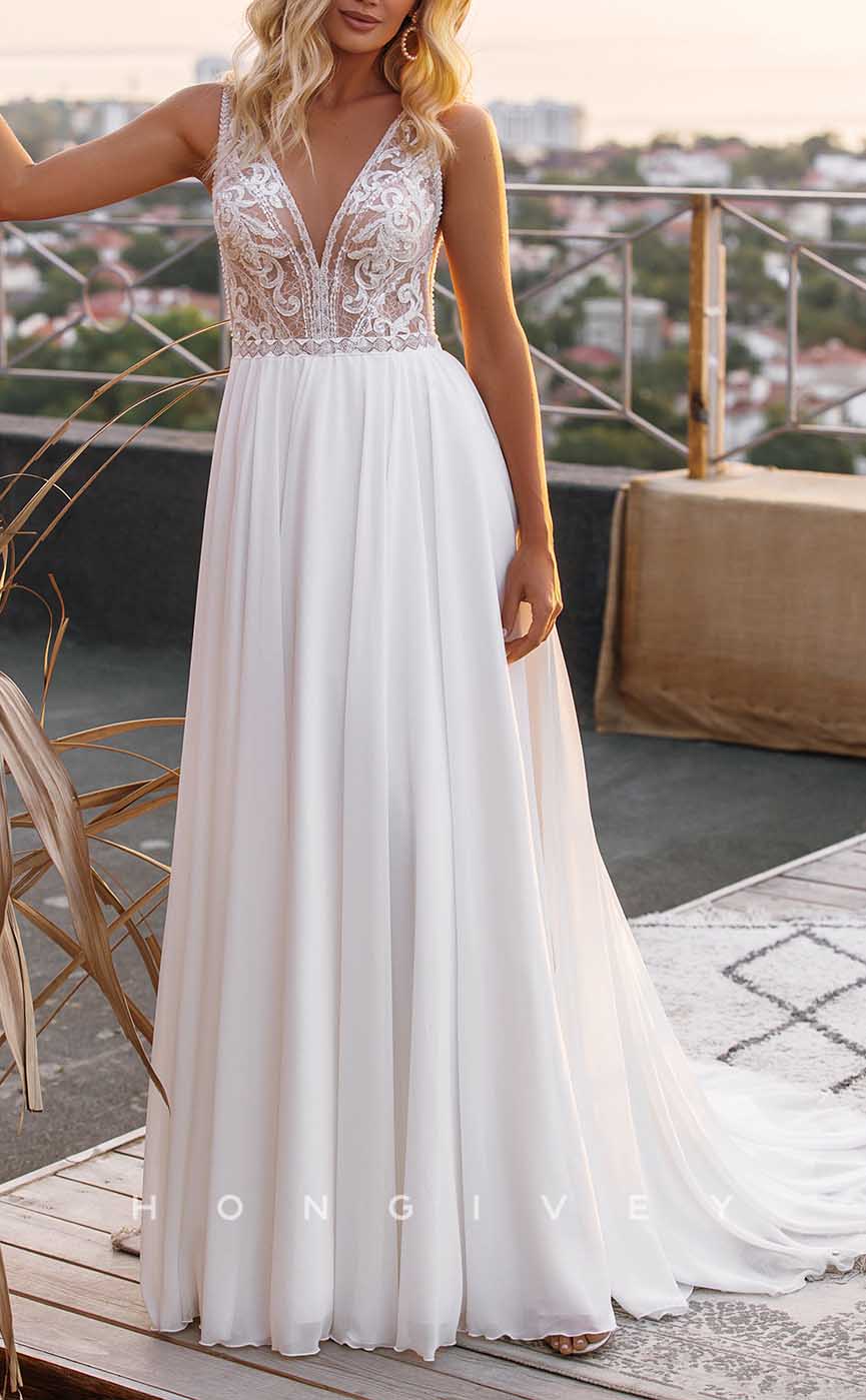 H1729 - A-Line Sleeveless Sheer Appliques Beaded With Train Beach Wedding Dress