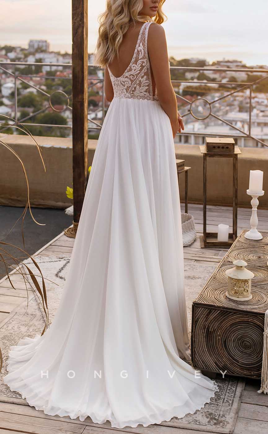 H1729 - A-Line Sleeveless Sheer Appliques Beaded With Train Beach Wedding Dress