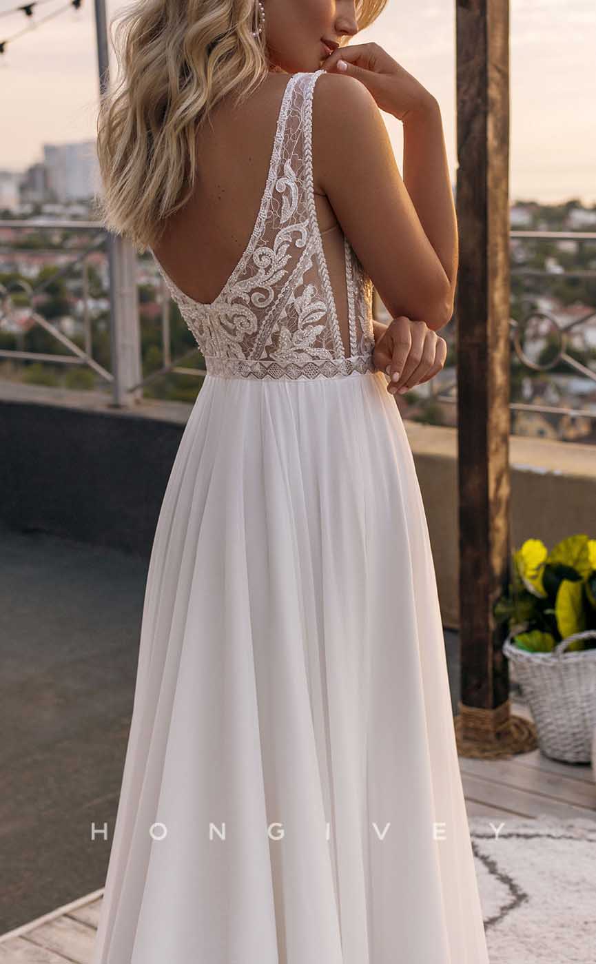 H1729 - A-Line Sleeveless Sheer Appliques Beaded With Train Beach Wedding Dress