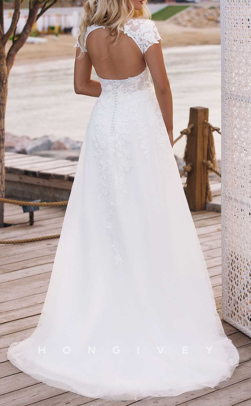 H1734 - V-Neck Short Sleeve A-Line Appliques Wedding Dress