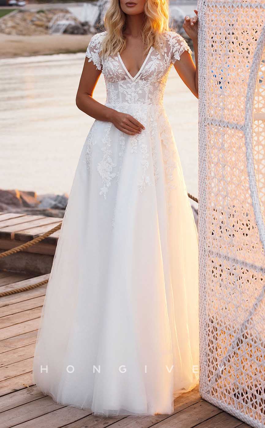 H1734 - V-Neck Short Sleeve A-Line Appliques Wedding Dress