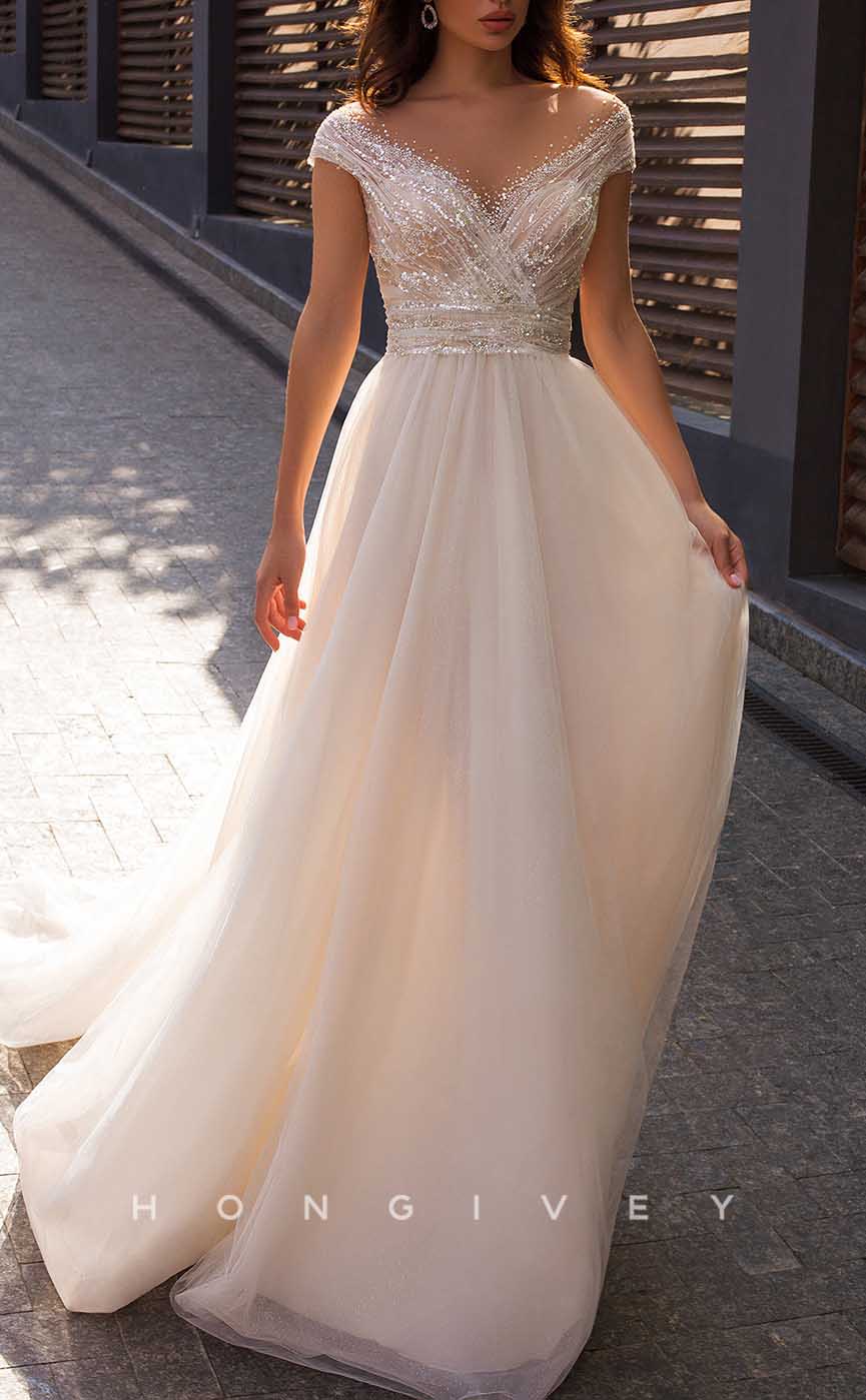 H1732 - Tulle A-Line Empire Sequined Appliques With Side Slit Wedding Dress