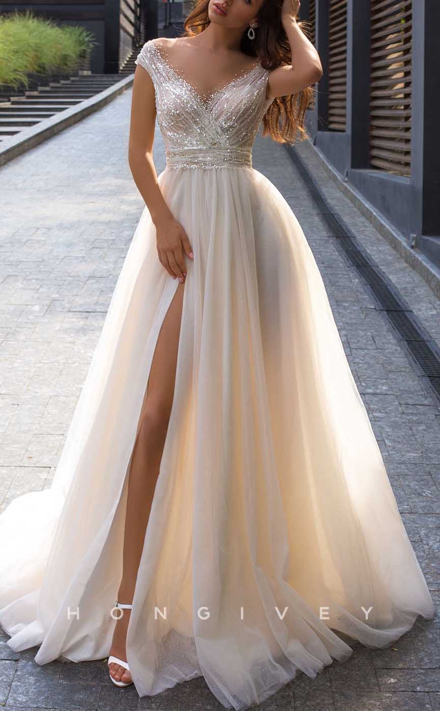 H1732 - Tulle A-Line Empire Sequined Appliques With Side Slit Wedding Dress