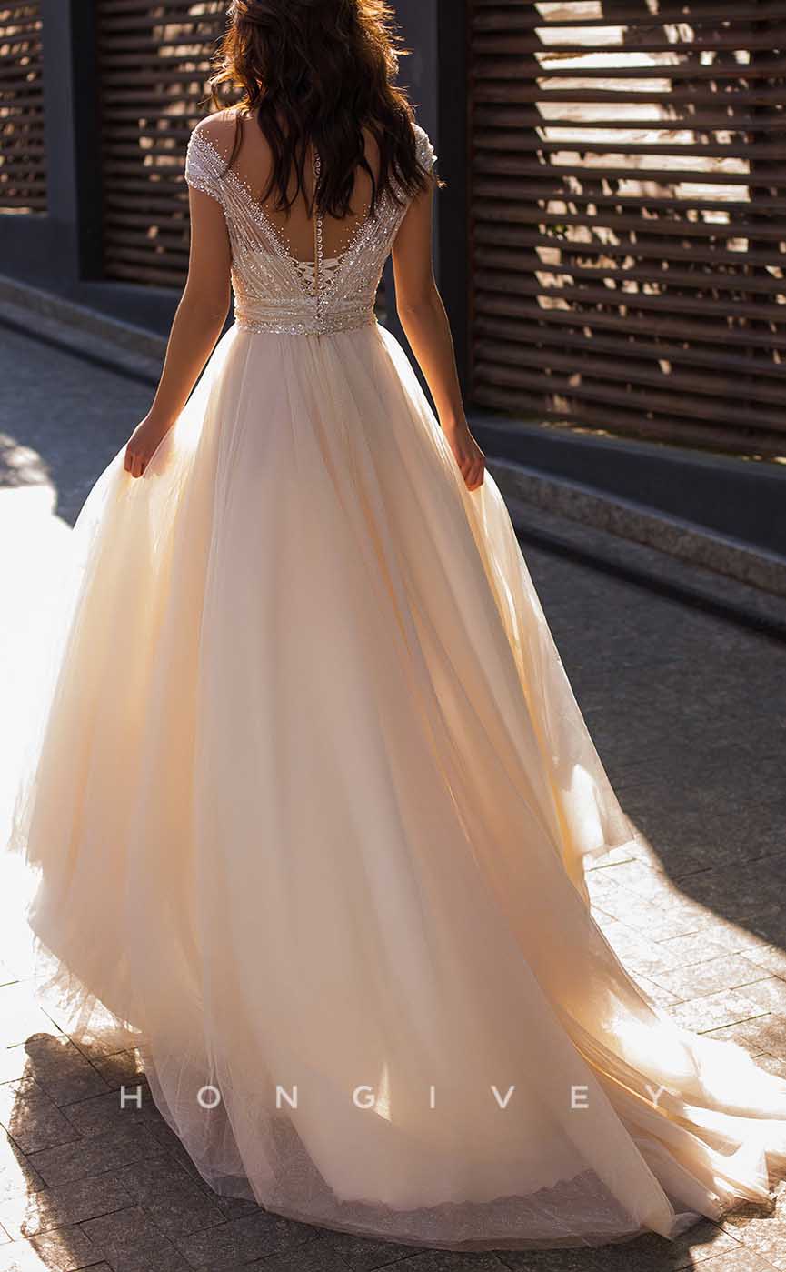 H1732 - Tulle A-Line Empire Sequined Appliques With Side Slit Wedding Dress