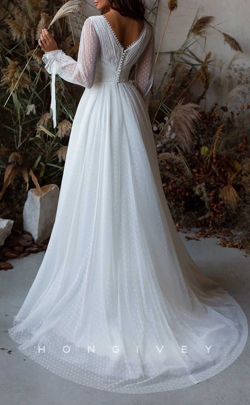 H1731 - Tulle A-Line V-Neck Long Sleeve Boho Wedding Dress