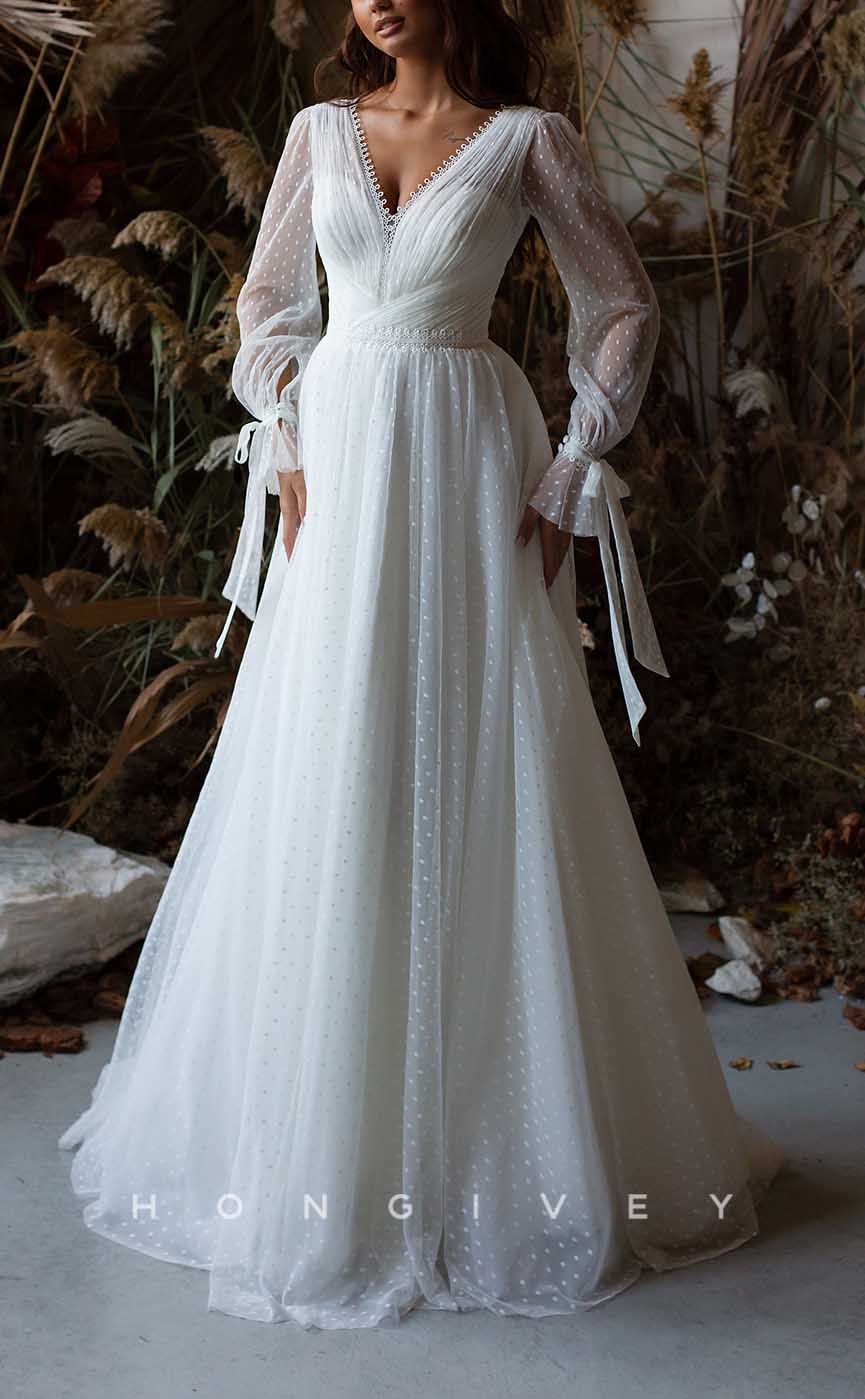 H1731 - Tulle A-Line V-Neck Long Sleeve Boho Wedding Dress