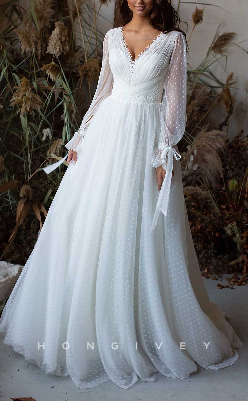 H1731 - Tulle A-Line V-Neck Long Sleeve Boho Wedding Dress