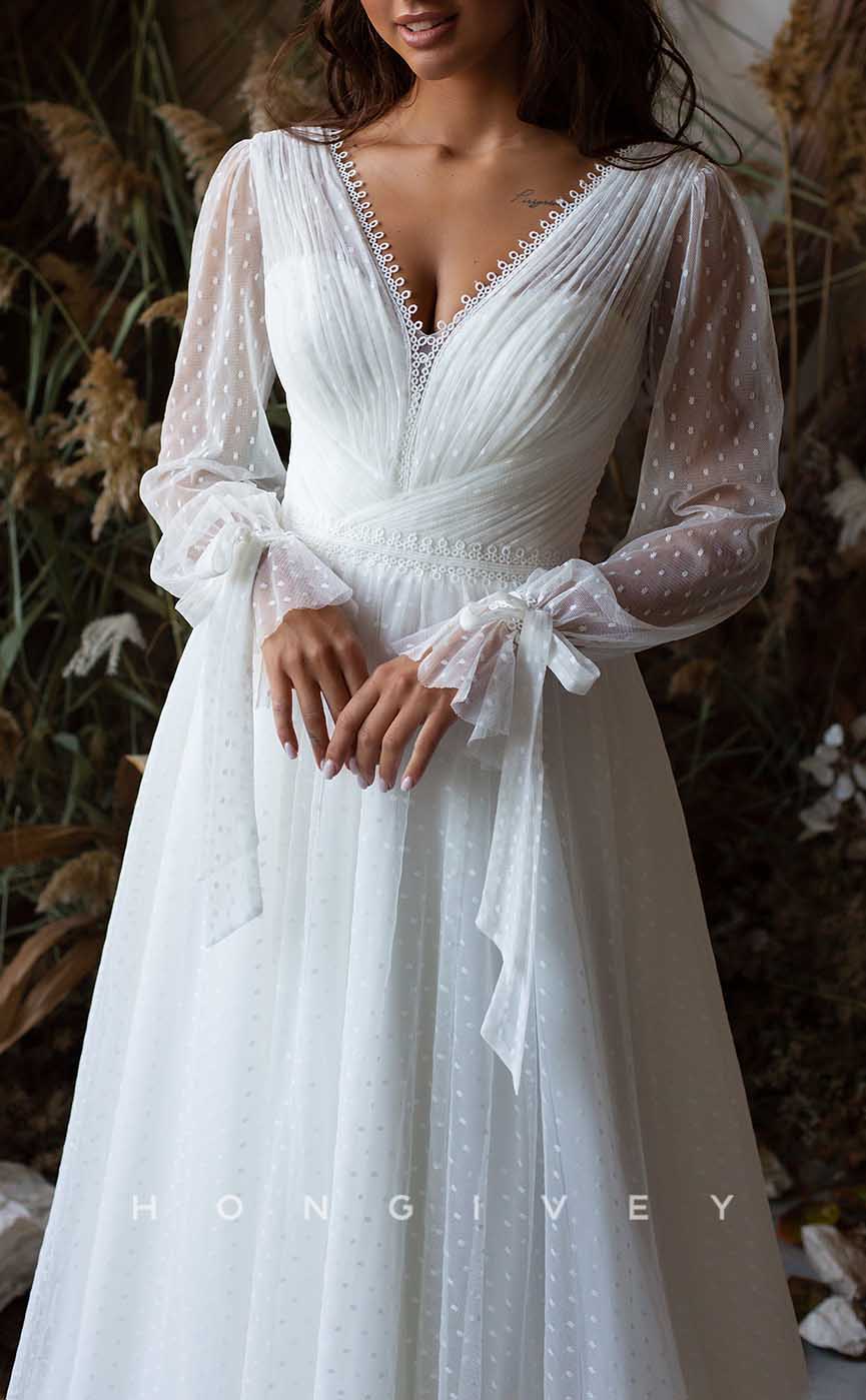 H1731 - Tulle A-Line V-Neck Long Sleeve Boho Wedding Dress