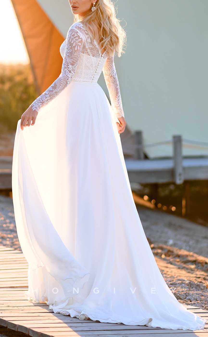 H1730 - Elegant A-Line V-Neck Long Sleeve With Side Slit Boho Wedding Dress