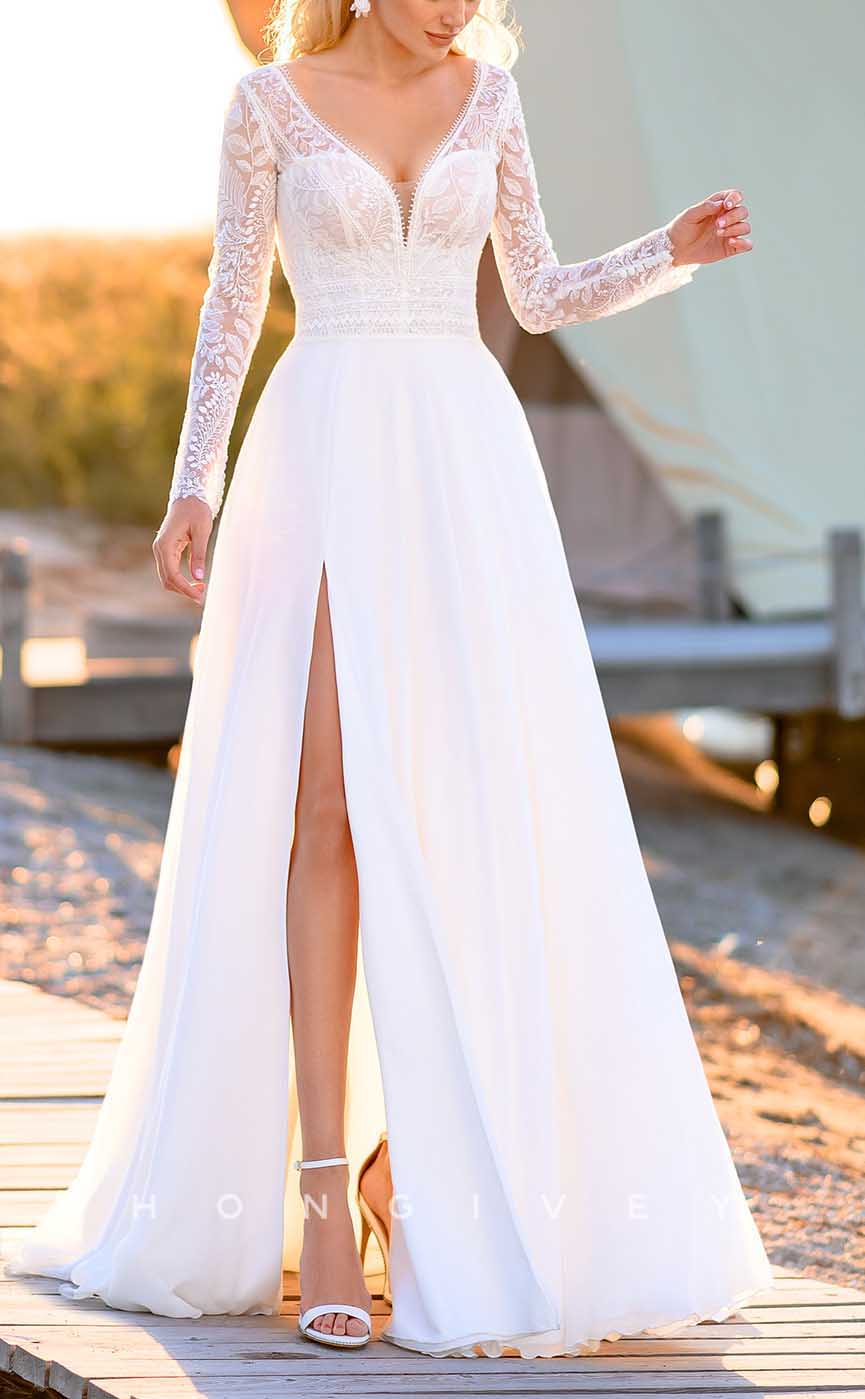 H1730 - Elegant A-Line V-Neck Long Sleeve With Side Slit Boho Wedding Dress