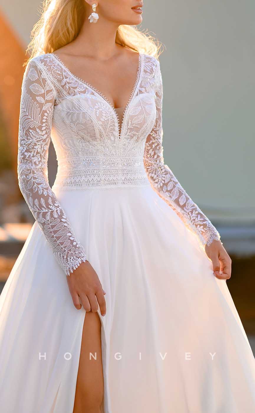 H1730 - Elegant A-Line V-Neck Long Sleeve With Side Slit Boho Wedding Dress