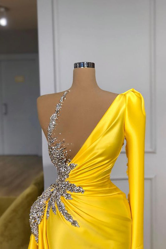 Illusion neck Bright Yellow One shoulder Bubble Sleeves Prom Dress