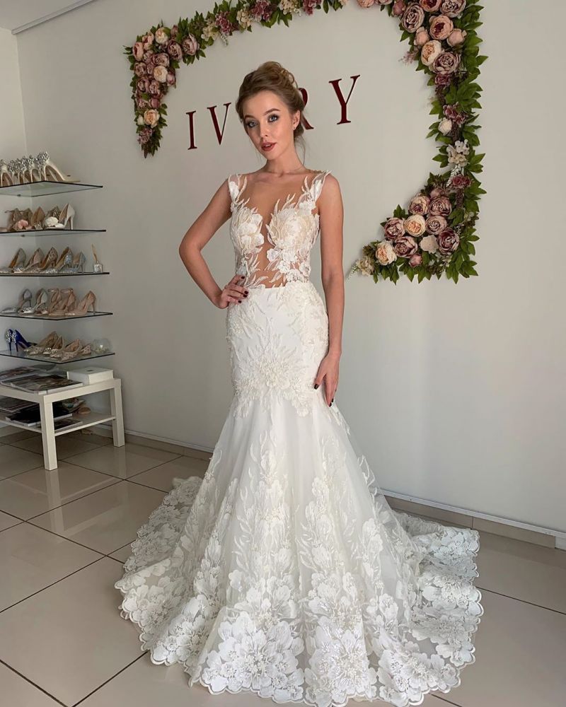 Illusion neck White Lace Sleeveless Mermaid Wedding Dress