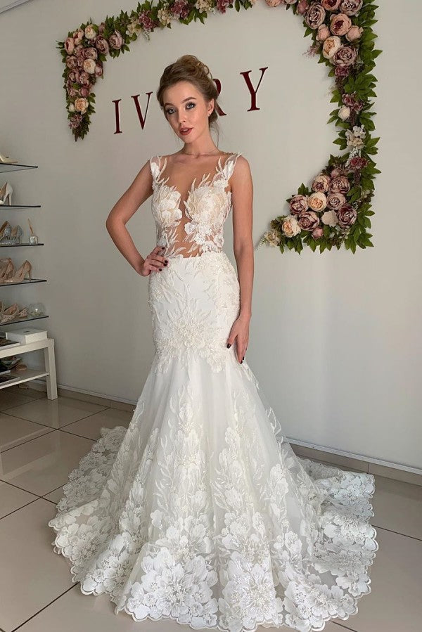 Illusion neck White Lace Sleeveless Mermaid Wedding Dress