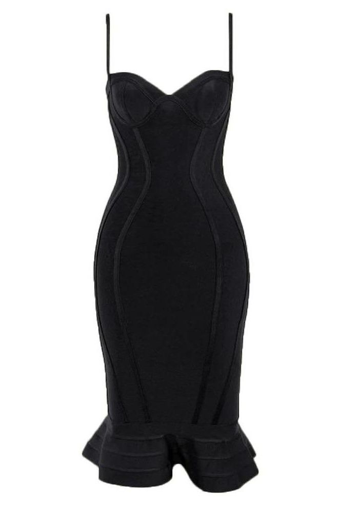 Woman wearing a figure flattering  Joy Bandage Midi Dress - Classic Black Bodycon Collection