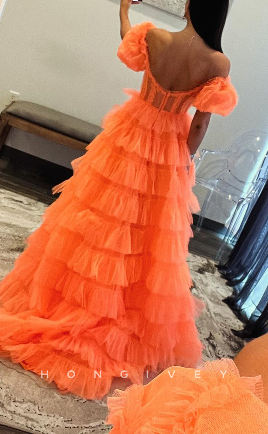 L2723 - Off-Shoulder Tulle A-Line Tiered With Side Slit Party Prom Evening Dress