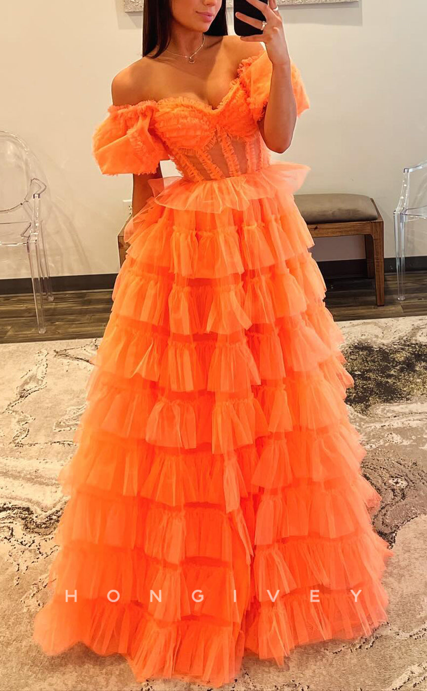 L2723 - Off-Shoulder Tulle A-Line Tiered With Side Slit Party Prom Evening Dress