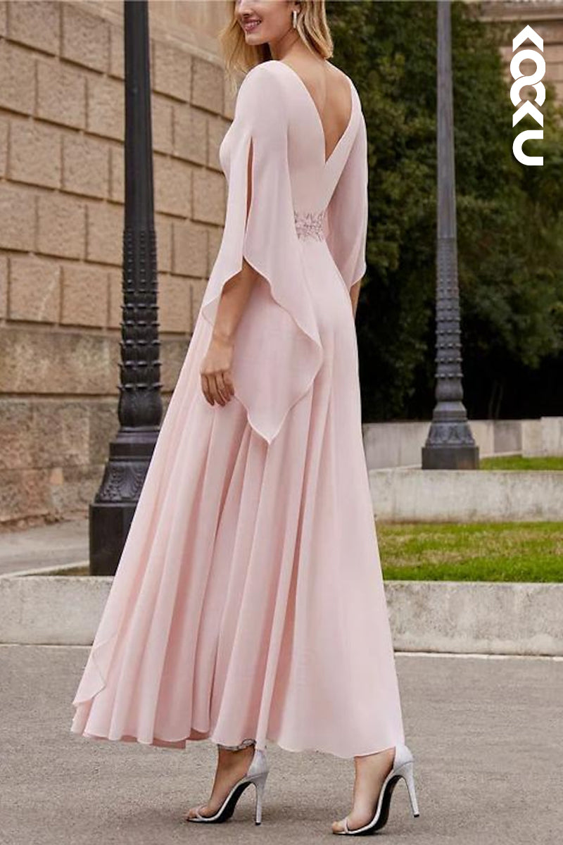 M6267 - Gorgeous & Charming Long Sleeves A-Line Backless Chiffon Mother of the Bride Dress