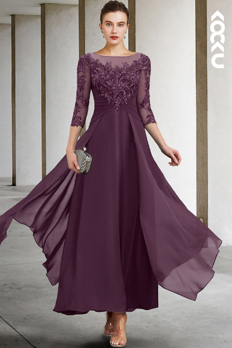 M6249 - Couture & Ornate Long Sleeves A-Line Embroidery Chiffon Mother of the Bride Dress