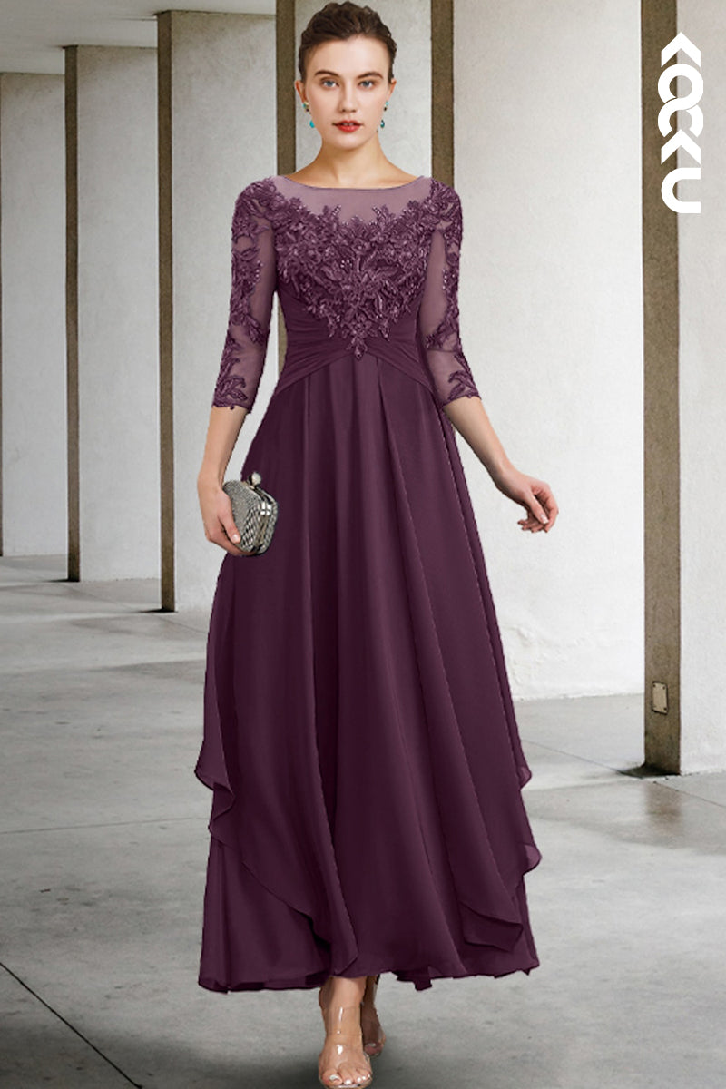 M6249 - Couture & Ornate Long Sleeves A-Line Embroidery Chiffon Mother of the Bride Dress