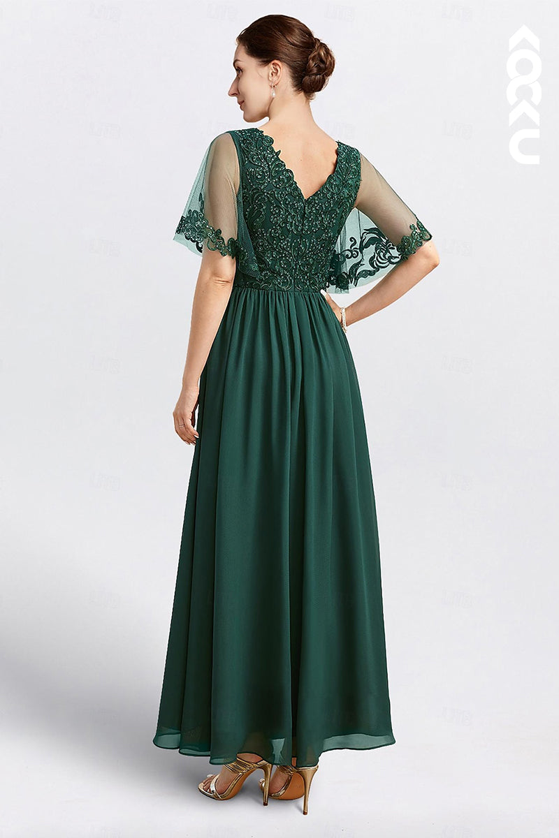 M6229 - Classic & Timeless V-Neck Short Sleeves A-Line Embroidery Chiffon Mother of the Bride Dress