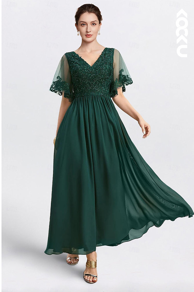 M6229 - Classic & Timeless V-Neck Short Sleeves A-Line Embroidery Chiffon Mother of the Bride Dress