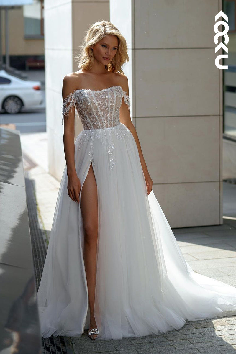 K1845 - Chic & Modern A-Line Off Shoulder Beaded and Fringed-Bead Wedding Dress