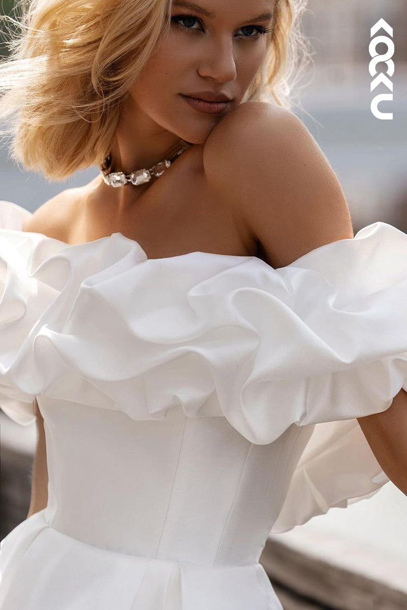 K1846 - Elegant & Modern A-Line Off Shoulder Draped Wedding Dress with High Side Slit and Sweep Train