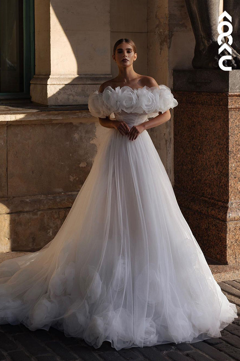 K1847 - Dramatic A-Line Off Shoulder Tulle Floral Embossed Wedding Dress with Sweep Train