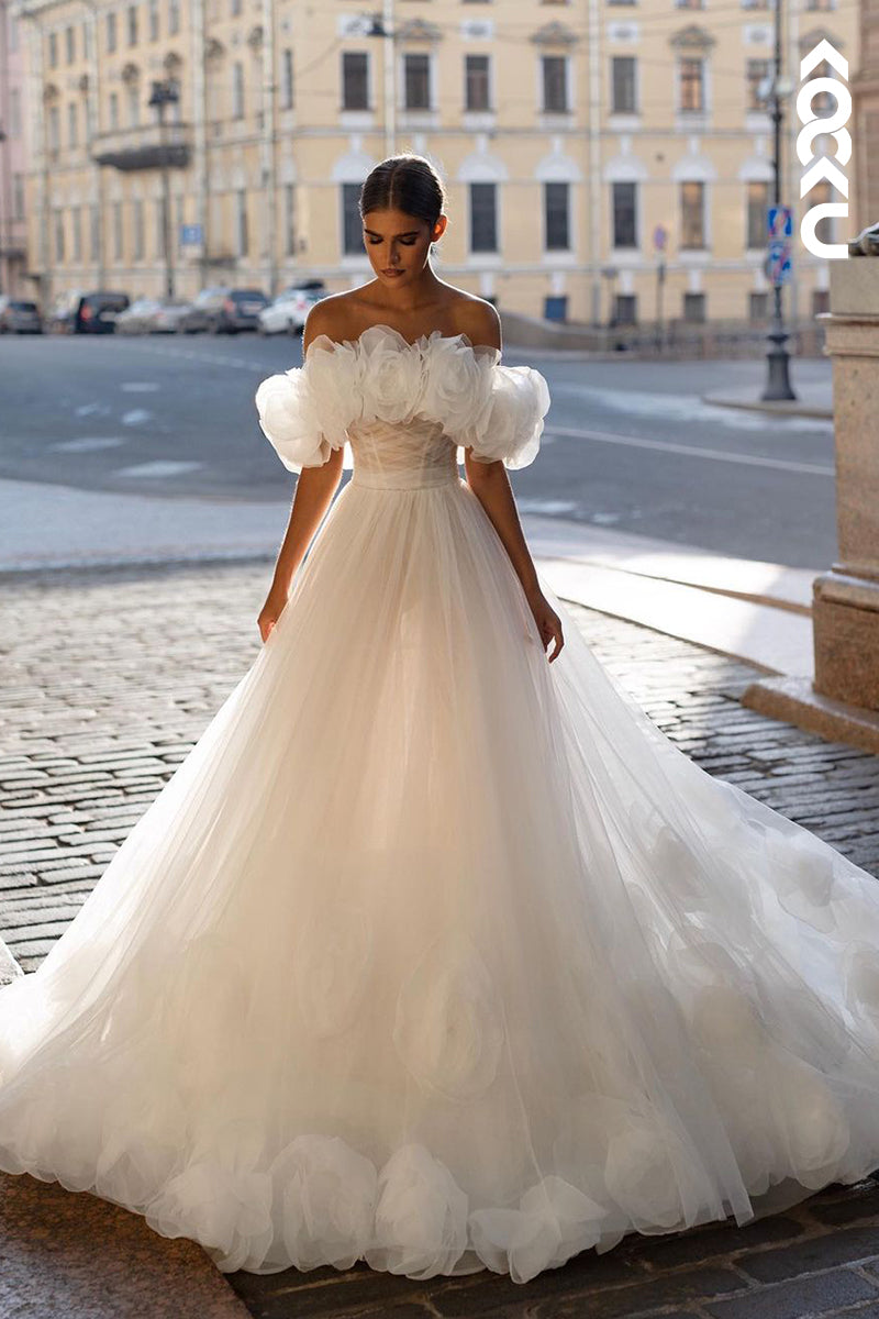 K1847 - Dramatic A-Line Off Shoulder Tulle Floral Embossed Wedding Dress with Sweep Train