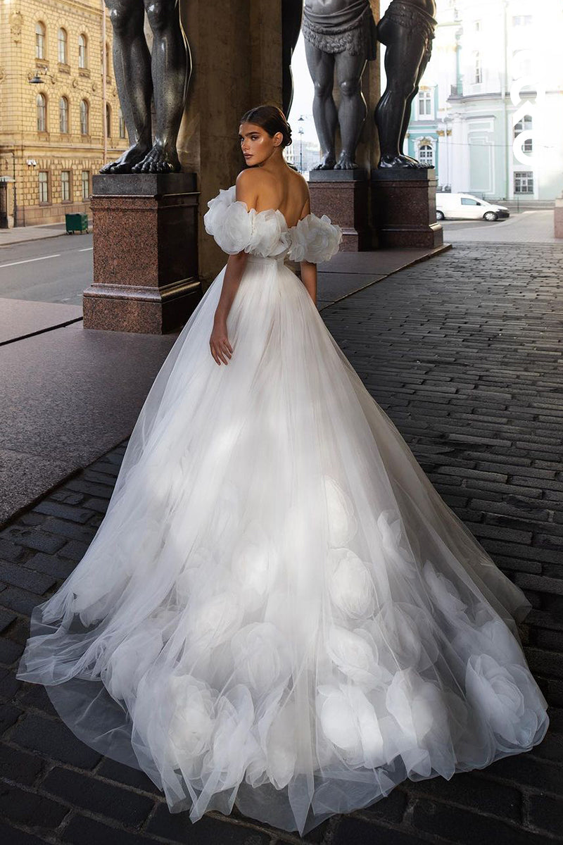 K1847 - Dramatic A-Line Off Shoulder Tulle Floral Embossed Wedding Dress with Sweep Train