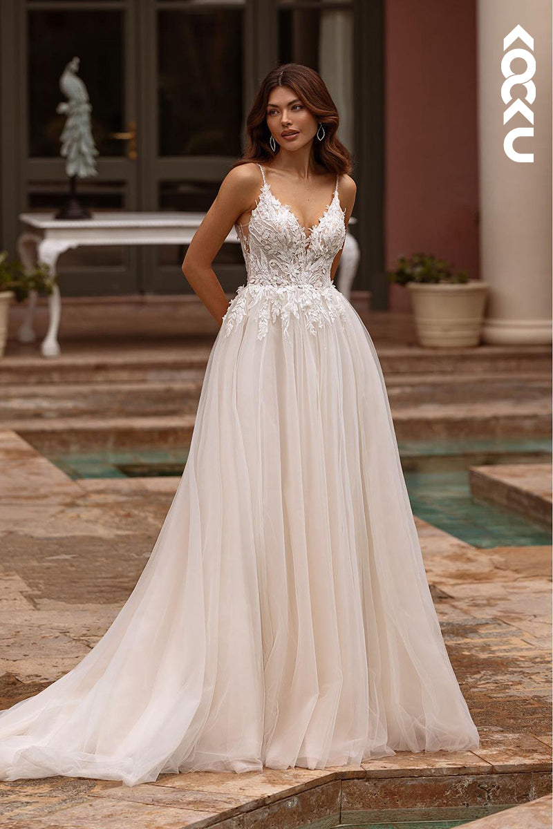 K1852 - Chic & Elegant A-Line V-Neck Straps Floral Embroidered and Appliqued Wedding Dress