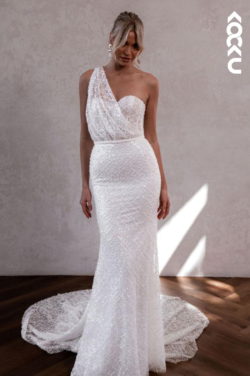 K1850 - Elegant & Modern Sheath One Shoulder Fully Beaded and Sequined Wedding Dress with Sweep Train