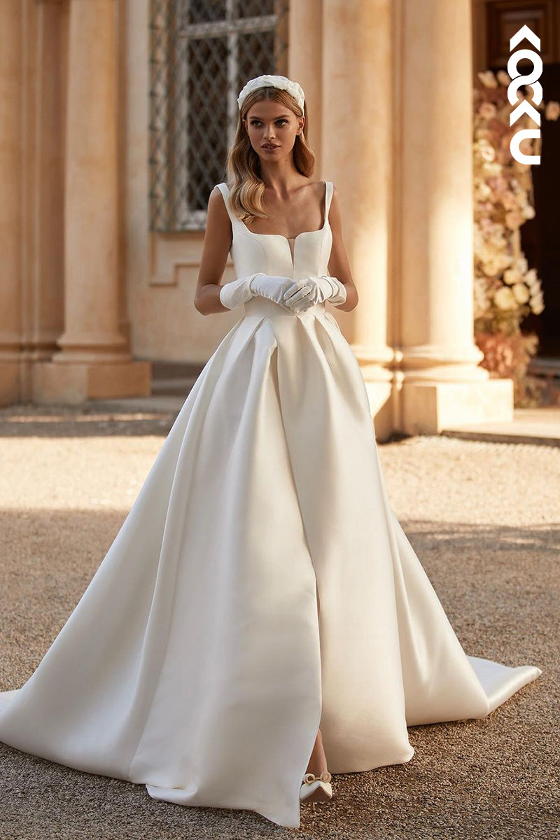 K1848 - Classic & Timeless A-Line Square Straps Draped Wedding Dress with High Side Slit and Sweep Train