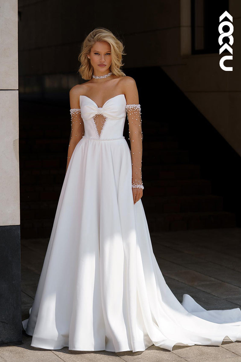 K1856 - Gorgeous & Charming  A-Line V-Neck Cut-Outs Pearls Sleeves Drapd Wedding Dress with Bowknot and Sweep Train