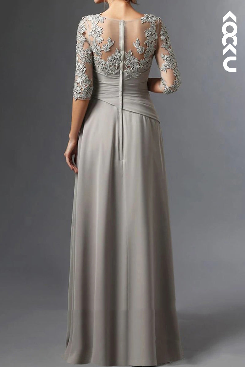 M6206 - Couture & Elegant A-Line Long Sleeves Lace Applique Chiffon Mother of the Bride Dress