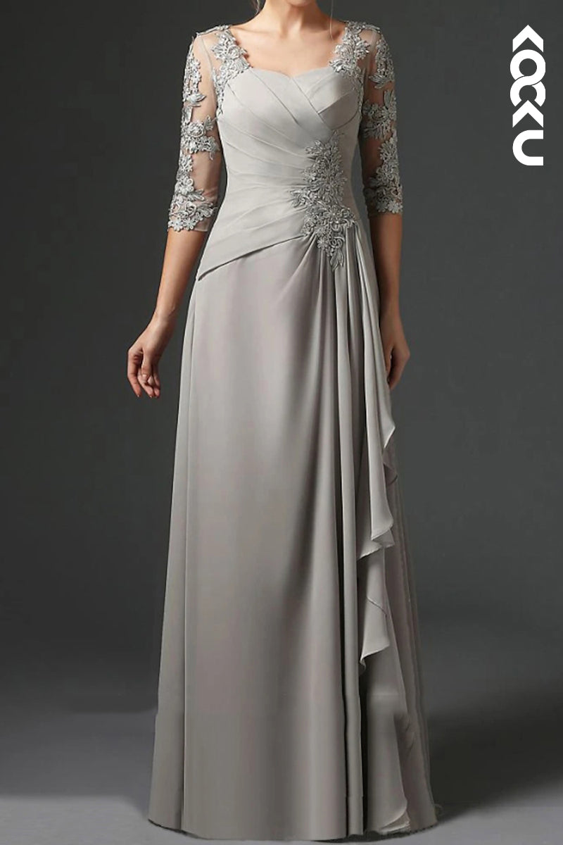 M6206 - Couture & Elegant A-Line Long Sleeves Lace Applique Chiffon Mother of the Bride Dress