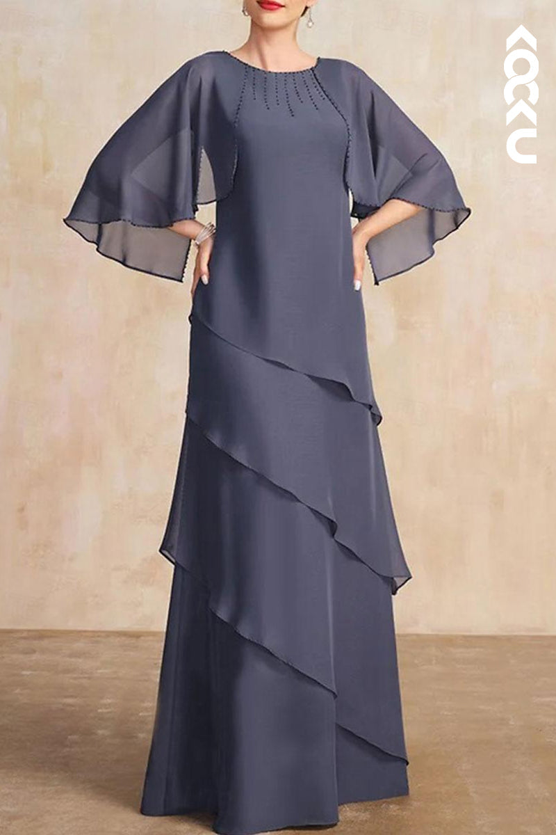 M6213 - Simple & Casual A-Line Long Sleeves A-Line Chiffon Mother of the Bride Dress