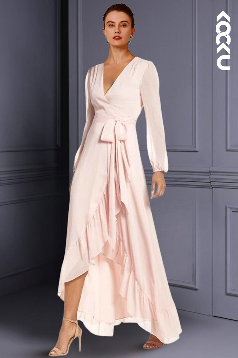 M6246 - Chic & Modern V-Neck Long Sleeves V-Neck A-Line Chiffon Mother of the Bride Dress